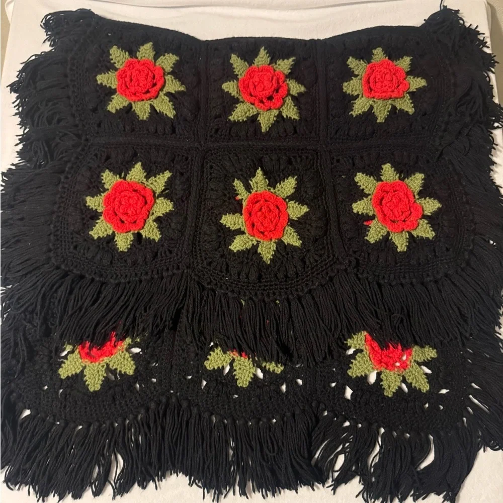 Handmade Crochet Blanket with Red Rose Design